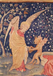 Engel mit einer Traube und ein Dämon, Detail aus dem Apokalypse-Wandteppich von Angers, 1373-87